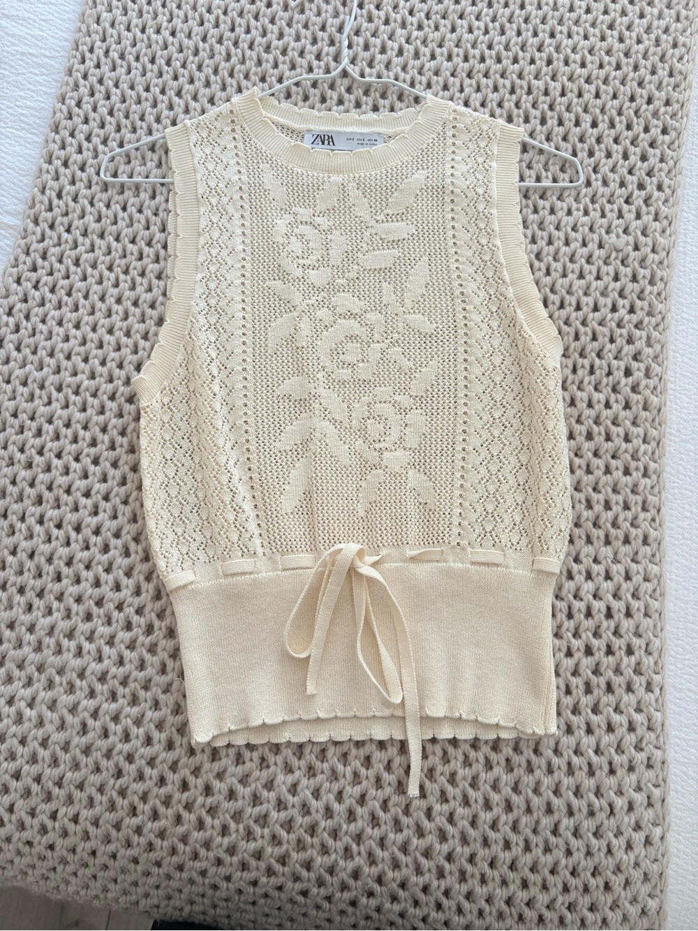 Zara Cream Crochet Tie-Waist Sleeveless Top